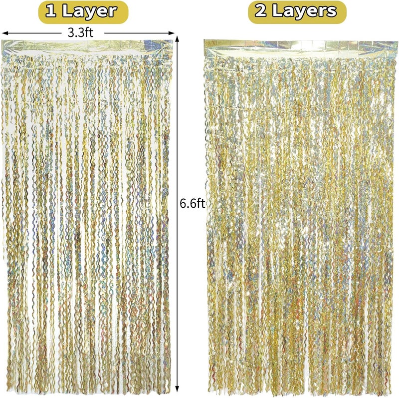 KEEUH 4 Pack Wavy Sparkle Champagne Gold Metallic Tinsel Foil Fringe Curtains Photo Booth Backdrop | Gold Streamer Backdrop for Holiday Celebration Bachelorette Party Decorations - Image 5